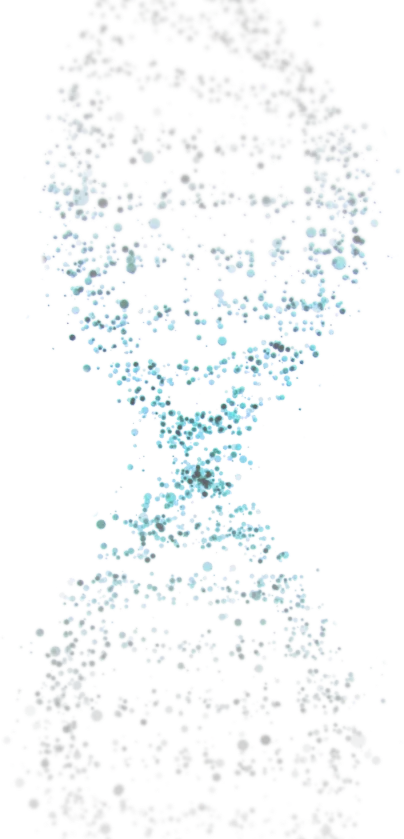 Abstract DNA strand comprised of gray dots with a blue-green gradient highlighting center region of focus